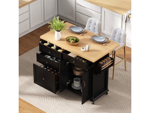 Îlot de cuisine sur roulettes avec table à manger extensible, desserte noire avec tiroirs multifonctions et étagères réglables