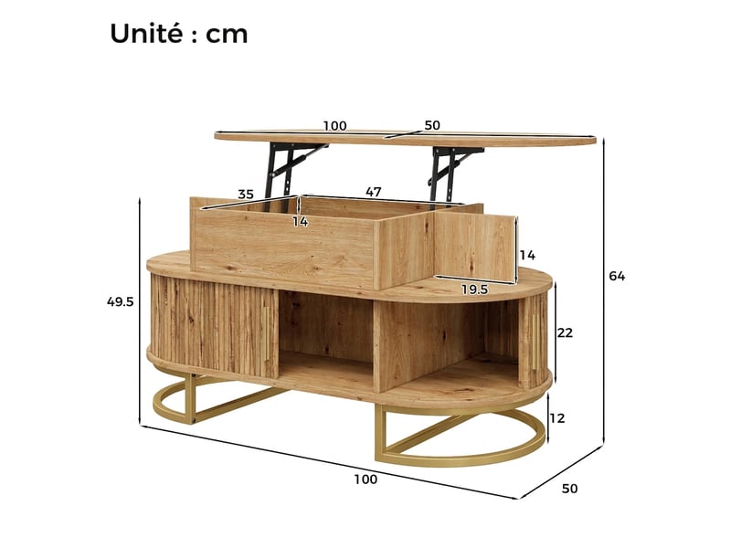 Table basse relevable ovale en mdf naturel avec rangement caché et portes coulissantes - Conforama C