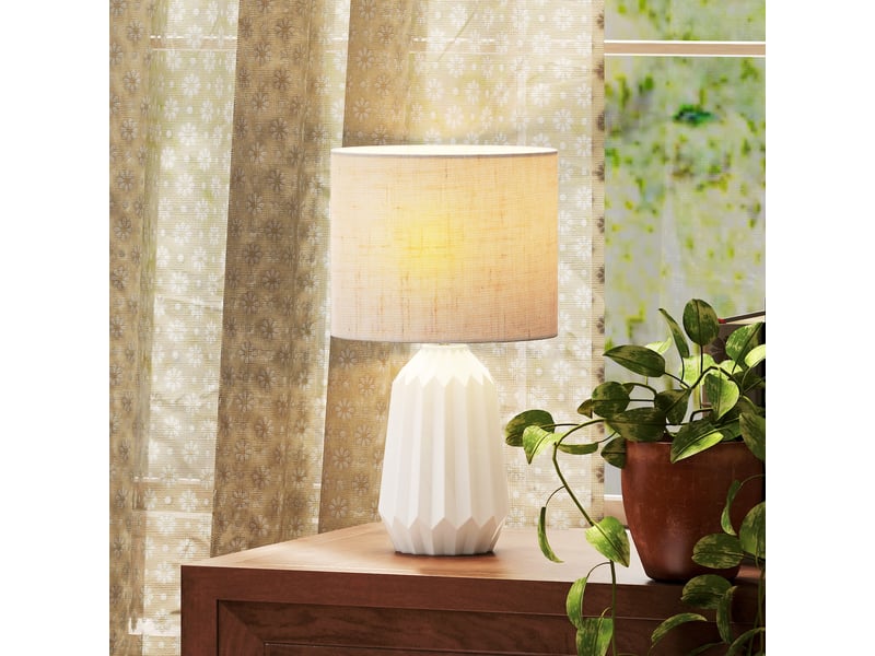  Lampe de table style rétro avec pied en céramique et abat-jour en lin pour chambre, 40 w, blanc et beige  - Conforama D