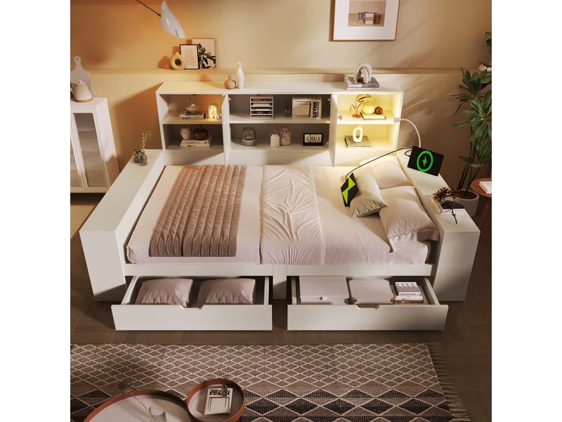  Lit avec rangement 140x200 cm en bois blanc, tiroirs et portes, usbusb-c, lit banquette multifonction gain de place Morn Vibe - Conforama D