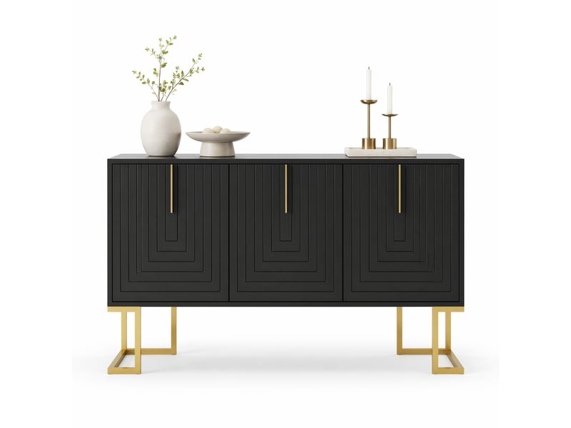  Buffet bas 3 portes noir avec étagères réglables, poignées et base en métal, 138 x 40 x 80,5 cm  - Conforama A