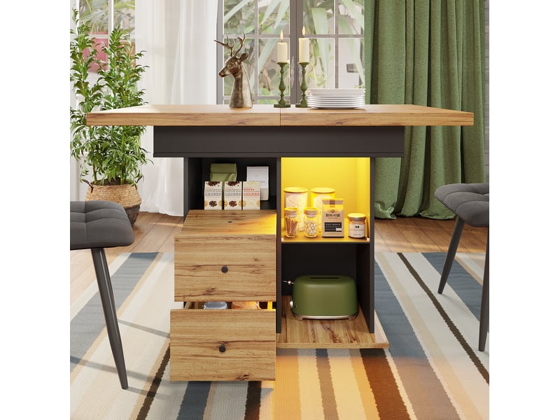 Table à manger extensible 110x140x80 cm, éclairage led intégré, panneau de fibres et particules, noir et naturel  - Conforama B