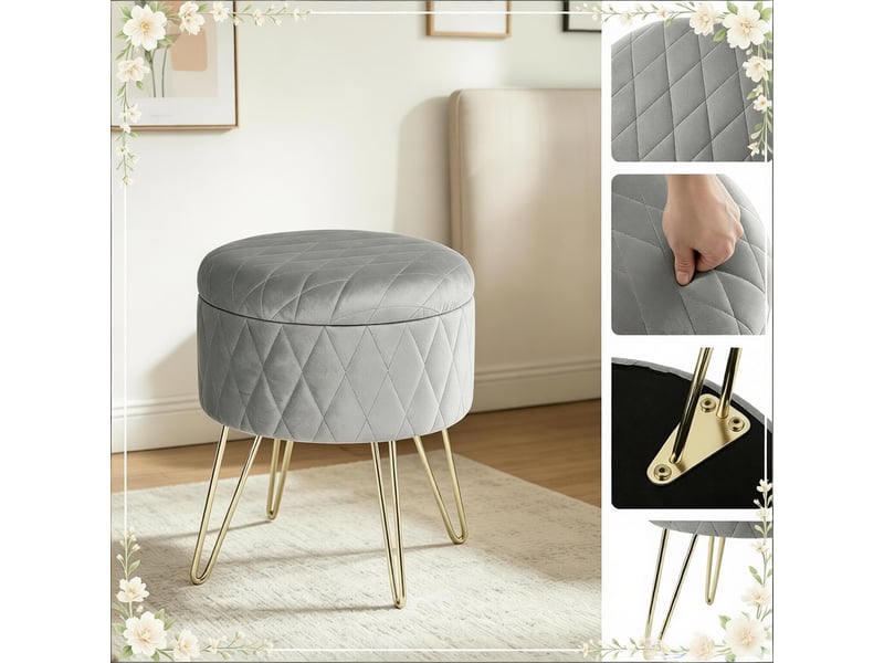  Pouf rond de rangement en velours gris clair, pieds en métal T5828P520644 - Conforama E