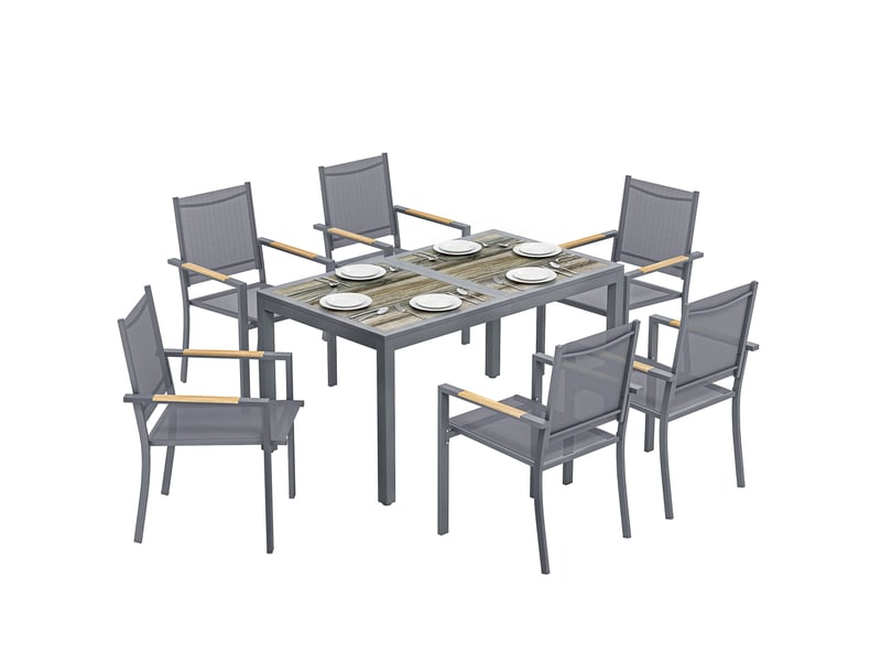 Salon de jardin ensemble mobilier de jardin 7 pièces table effet bois 6 chaises empilables en textilène 140x80x72cm gris - Conforama A