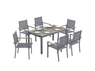 Salon de jardin ensemble mobilier de jardin 7 pièces table effet bois 6 chaises empilables en textilène 140x80x72cm gris