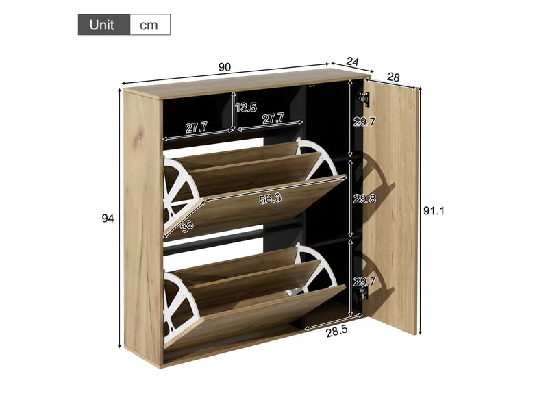 Meuble à chaussures 90x24x94 cm bois et noir, 2 abattants, 1 porte et niches ouvertes - Conforama C