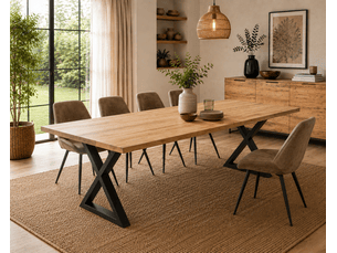 Table à manger avec bord droit coloris chêne massif et pieds en métal noir - longueur 200 x profondeur 100 x hauteur 76 cm