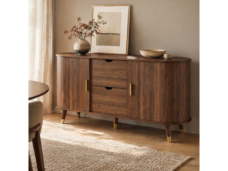 Buffet 140x40x79.5 cm, portes texturées verticales et 2 tiroirs en mdf coloris noyer - Conforama D