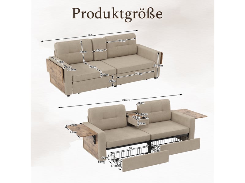  Canapé 2 places en chenille avec rangement intégré, table d’appoint réglable et porte-gobelets - kaki  - Conforama C