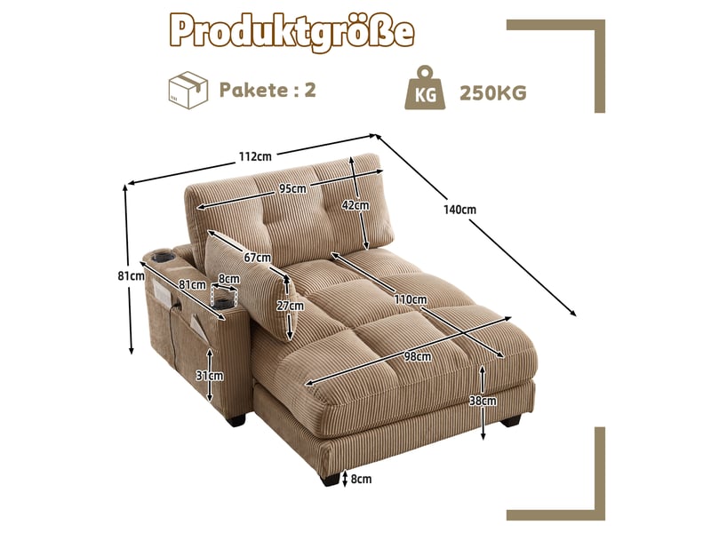  Fauteuil relax 1 place en velours côtelé kaki avec usb et porte-gobelets  - Conforama C