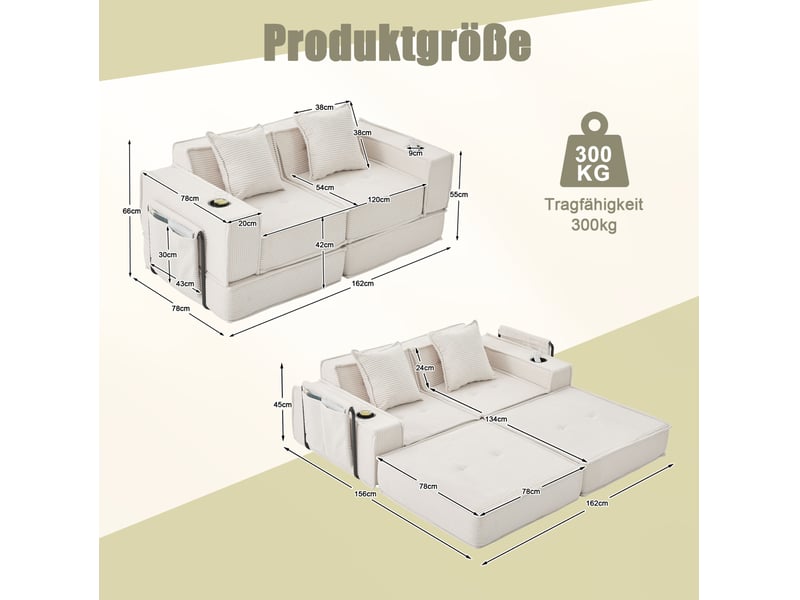Canapé-lit 2 places modulable en velours côtelé beige avec 2 coussins - Conforama C