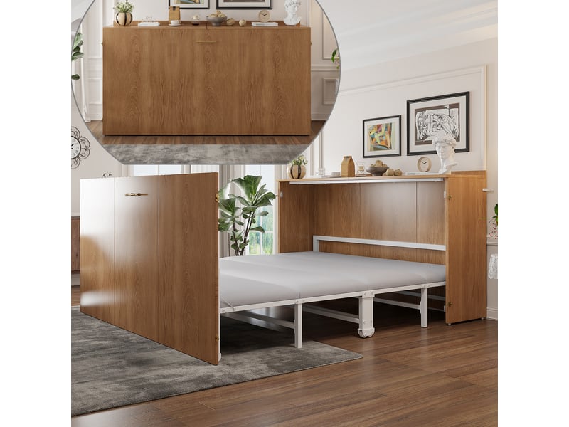  Lit escamotable 140x200 cm, lit d'appoint, cadre extensible sur roulettes, lin et métal  - Conforama E