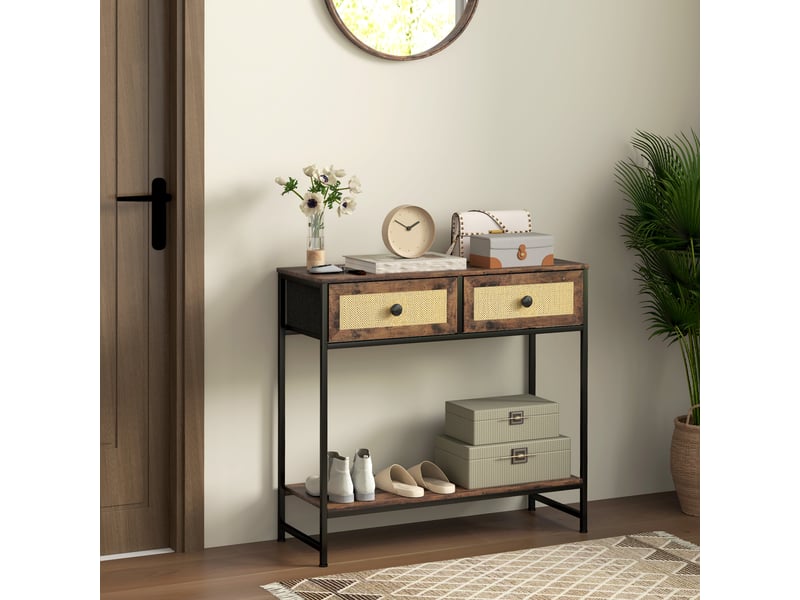  Console en rotin avec étagère ouverte et 2 tiroirs frontaux, 80 x 30 x 75 cm, couleur marron rustique  - Conforama C