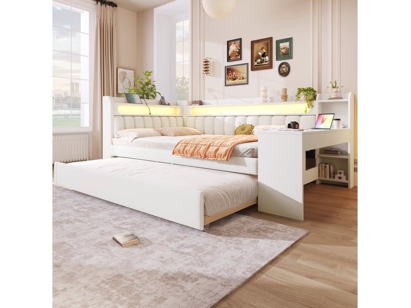  Lit banquette 140x200cm, bureau, lit gigogne 90x190cm, led, lit enfant, ports usb, mdf, tissu lin blanc sans matelas  - Conforama D