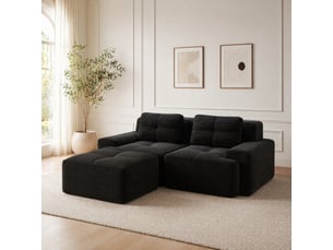 Canapé d'angle modulable convertible 2 places en velours côtelé noir avec ottoman, 204 x 177 x 69 cm