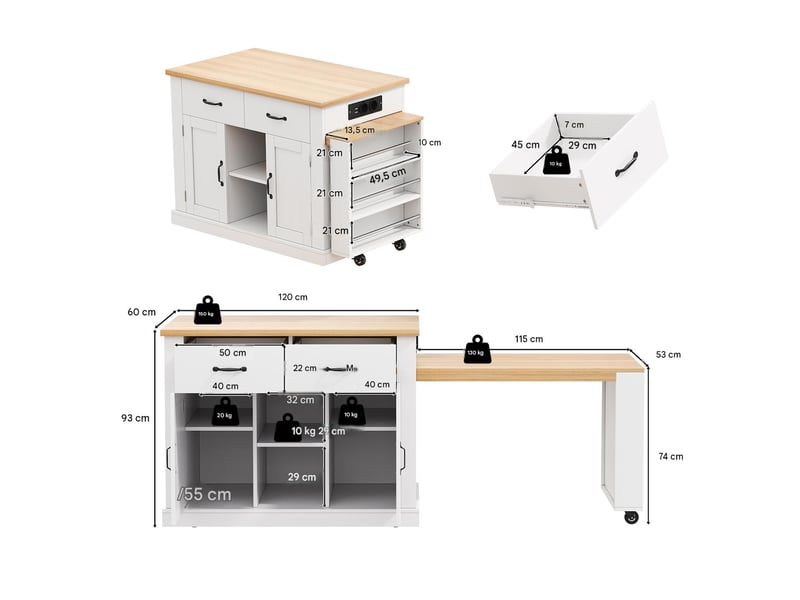  Ilot de cuisine sur roulettes avec table extensible mdf blanc et chêne 132x60x93 cm - pangivo  - Conforama C
