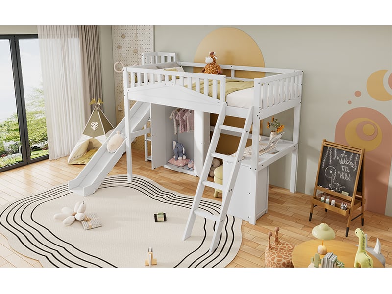  Modenvie lit mezzanine enfant 90x200 cm - avec toboggan, bureau et armoire, sans matelas - blanc  - Conforama E