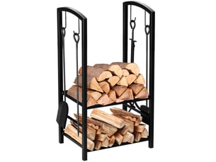 Porte-bûches métallique 2 niveaux, 4 outils de cheminée, 40 x 30 x 74,5 cm, charge 100 kg
