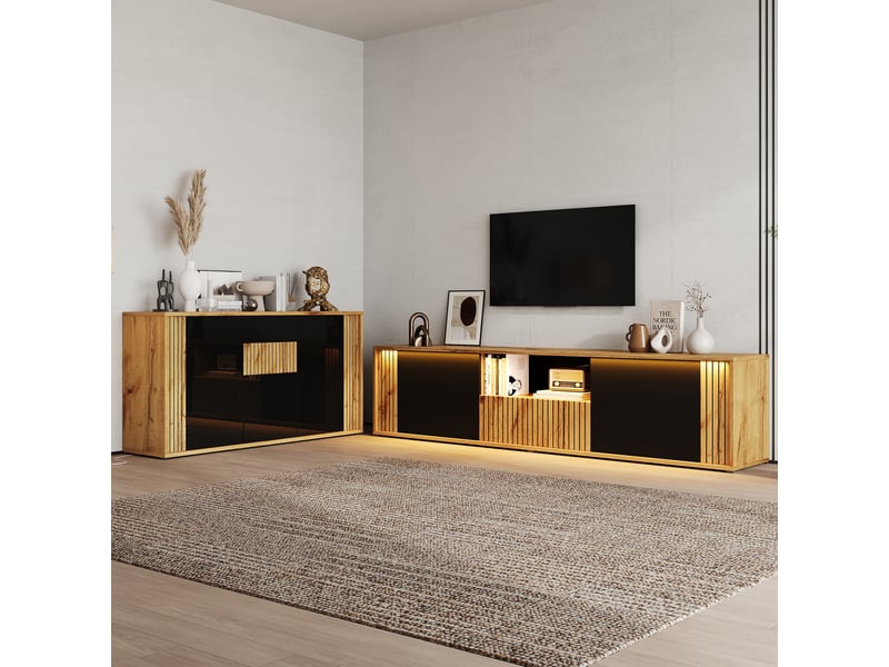  Ensemble meuble tv 180 cm et buffet 140 cm noir et bois avec led bluetooth  - Conforama B