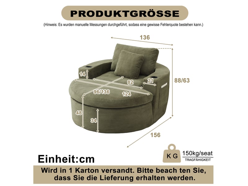 Fauteuil lounge 1 place avec repose-pieds amovible et porte-gobelet, en velours côtelé vert - Conforama C