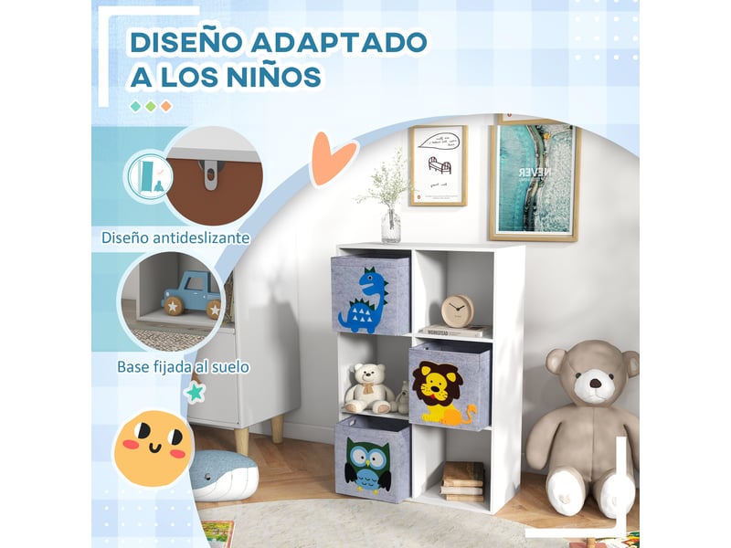 Bibliothèque pour enfants dès 3 ans, 6 compartiments et 3 tiroirs, revêtement en tissu non tissé, 61,8 x 29,9 x 91,5 cm, blanc et gris  - Conforama E