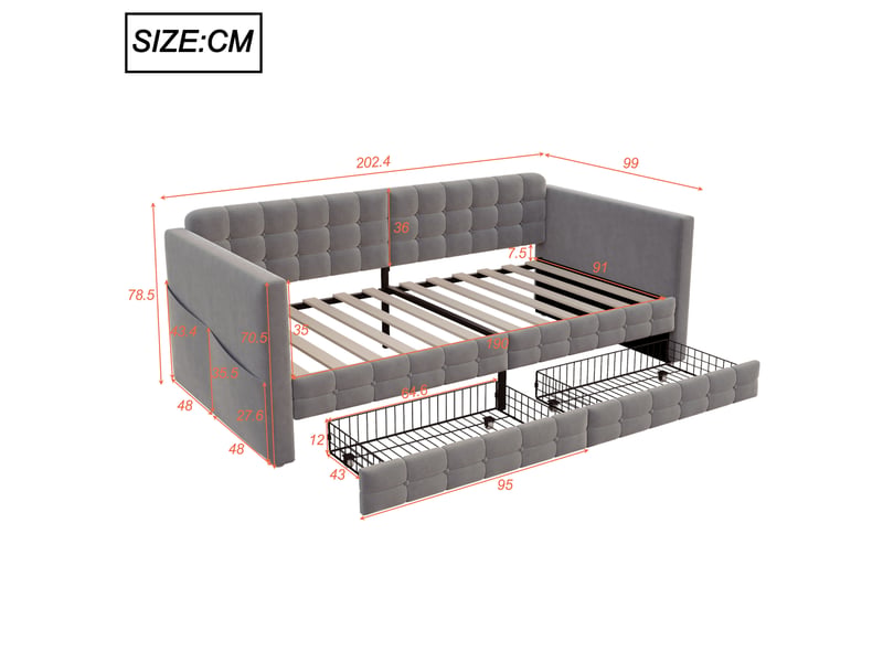  Lit canapé velours gris 90x190 cm motif capitonné avec 2 tiroirs et rangements  - Conforama C