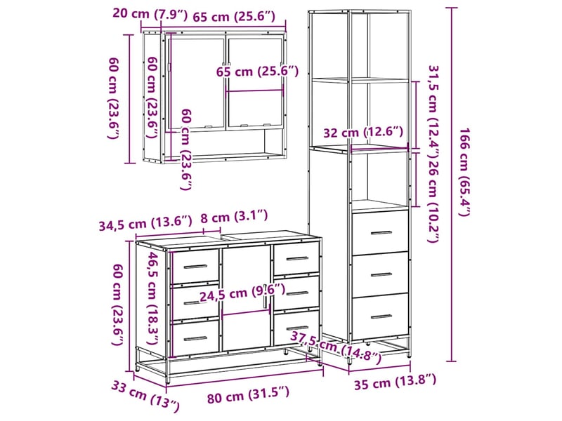  Ensemble de meubles de salle de bain 3 pcs chêne fumé cf63730  - Conforama E