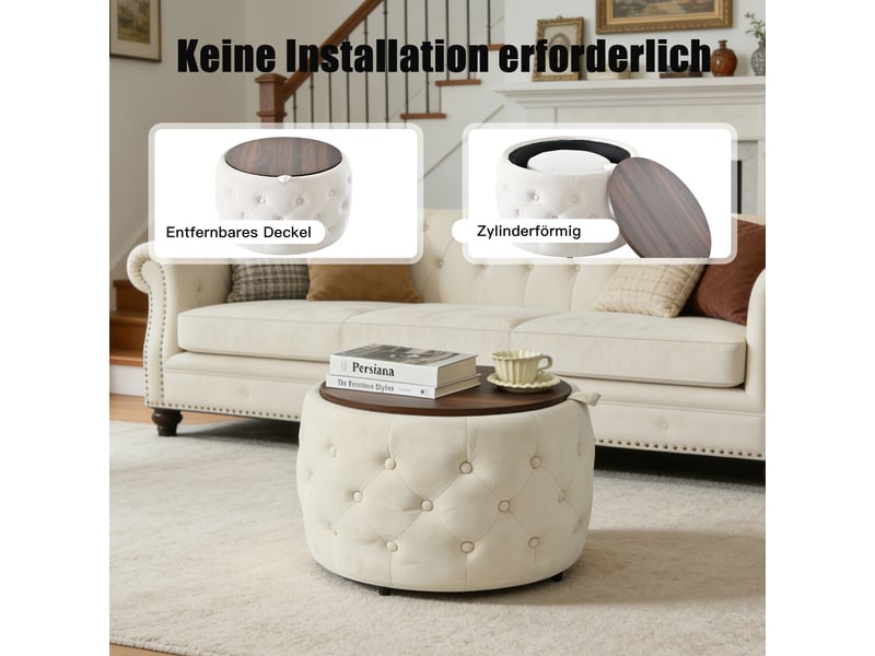  Lot de 2 poufs gigognes ronds avec coffre en velours beige 58 x 58 x 38 cm  - Conforama E