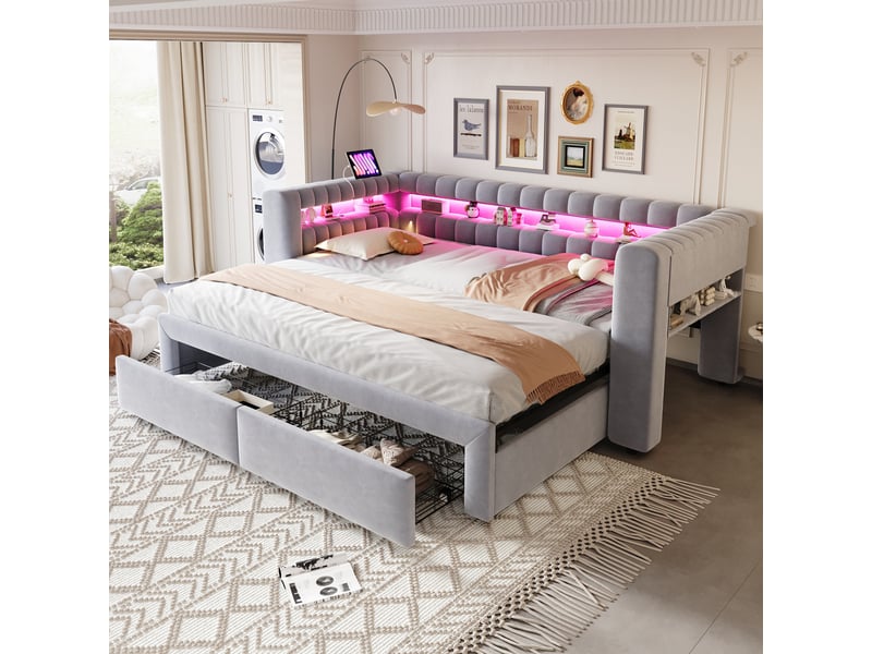 Lit banquette extensible 90180 x 190 cm,tiroirs, led, prises usb et type-c, velours gris clair ABC - Conforama E