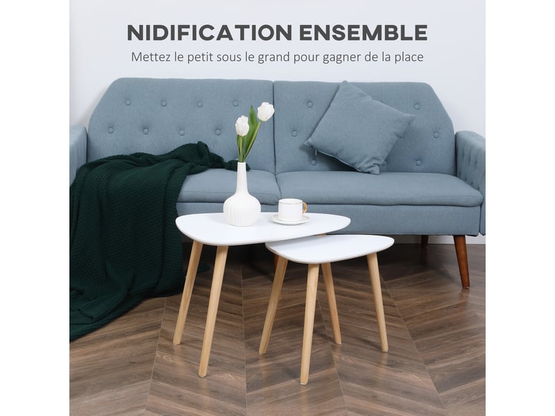  Lot de 2 tables basses gigognes design pieds scandinave en bois et plateau en bois, blanc  - Conforama D