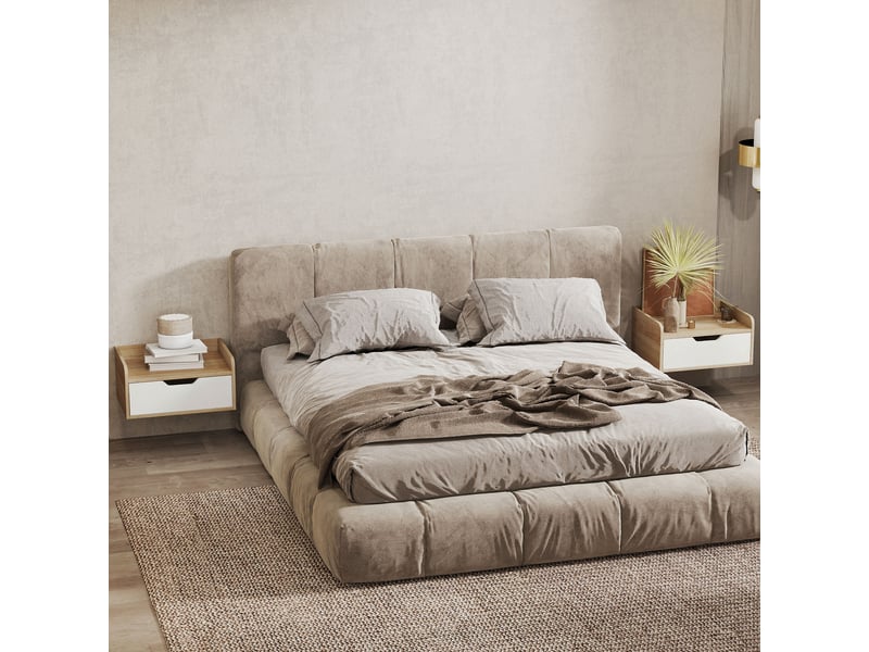  Lot de 2 tables de chevet murales, tables de nuit avec tiroir et plateau à rebords surélevés, 40x30x19,5cm, bois naturel  - Conforama D