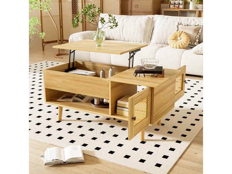  Élégante table basse avec plateau relevable et portes en rotin, couleur bois avec accents noirs, idéale pour le salon – espace de rangement pratique et design fonctionnel.  - Conforama B