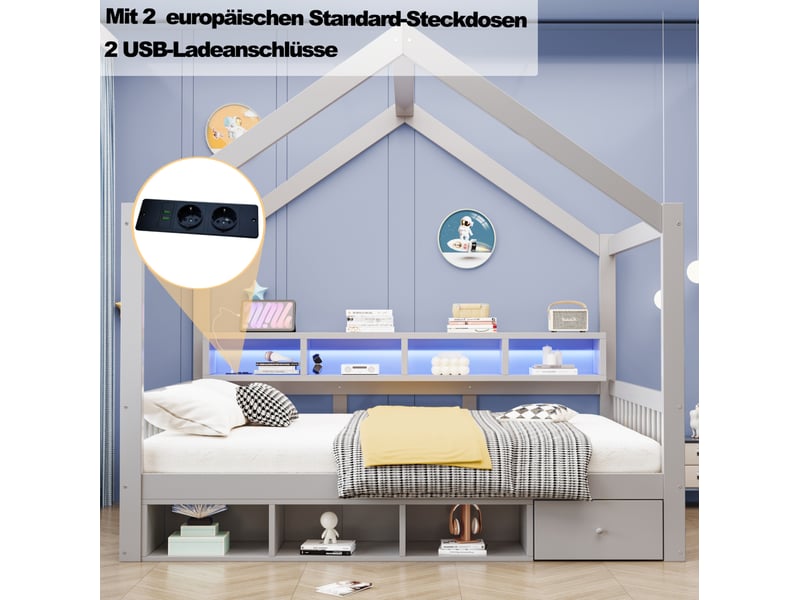 Lit cabane modenvie 140 x 200 cm avec rangement led prises et sommier gris - Conforama E