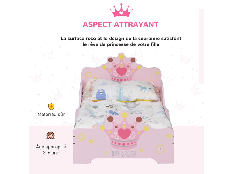 Lit enfant 140 x 70 cm - lit d'enfant design princesse motif couronne - mdf contre-plaqué rose - sommier à lattes inclus  - Conforama R