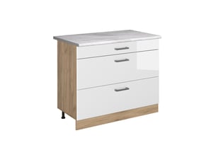 Vicco meuble cuisine, blanc haute brillancechêne doré, 100cm plan de travail marbre