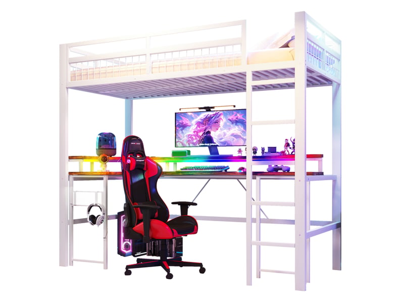 Lit mezzanine 90 x 200 cm blanc avec bureau, led multicolore, prises et usb - Conforama A