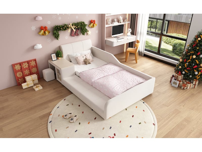  Lit enfant 90x200 cm en velours blanc avec bureau, tabouret et étagère  - Conforama W