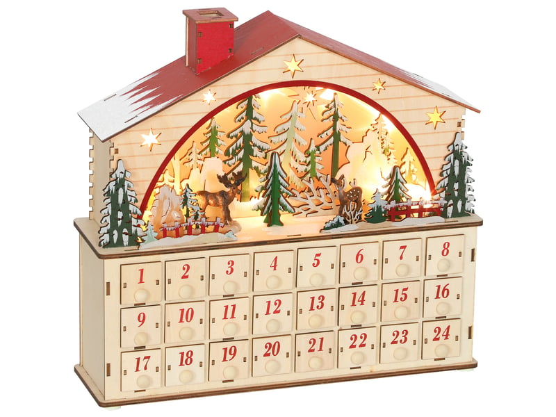  Calendrier de l'avent lumineux, calendrier de l'avent à remplir, 24 tiroirs, scène de village, 36x10x34cm, bois naturel  - Conforama A