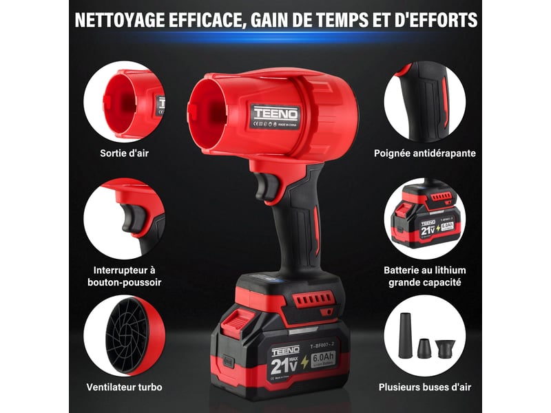  Ouffleur à feuilles sans fil teeno | 21 v | avec 2 batteries de 6,0 ah | vitesse du vent jusqu'à 116 kmh | 35 000 trmin  - Conforama E