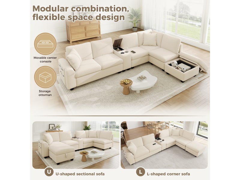 Canapé d'angle modulable 6 places en velours côtelé beige, 311 x 139 x 85 cm, forme en u, avec rangement, ports usb et usb-c, porte-gobelets CARDUME ESTIVAL - Conforama D