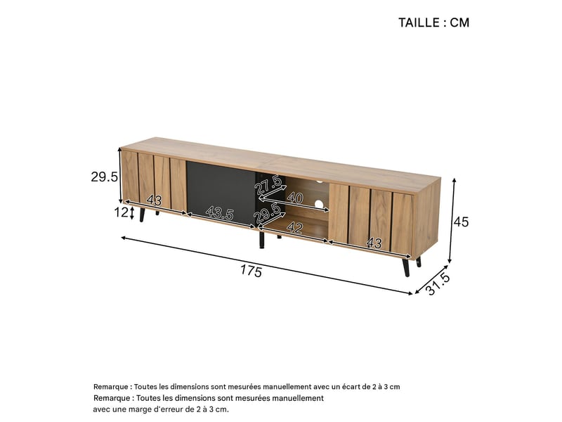 Meuble tv 3 portes en panneau de particules coloris naturel et noir 175x31,5x45 cm - pangivo - Conforama C