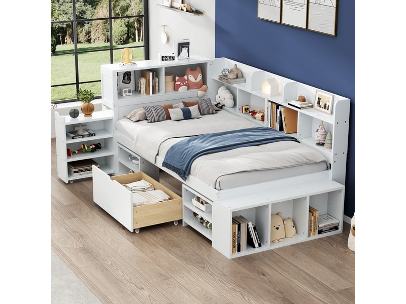 Lit enfant 90x200 cm - lit combiné avec tiroirs et bibliothèque, lit avec rangement blanc, sans matelas - Conforama E