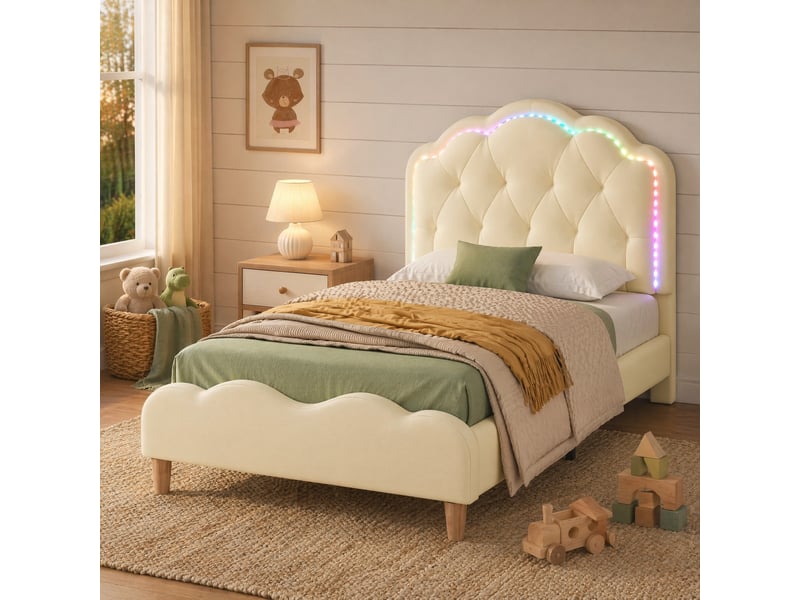  Modenvie lit enfant 90x200 cm - tête de lit ondulée avec led multicolore, sans matelas - beige  - Conforama B