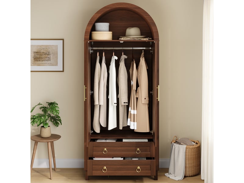  Armoire dressing avec niche arquée, éclairage led via application, 2 portes décor rotin, tringle et 2 tiroirs ABC - Conforama E