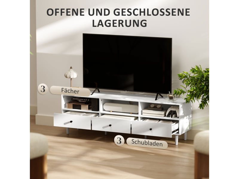 Meuble tv avec 3 tiroirs et 3 niches ouvertes, passe-câbles, téléviseur 75 pouces, 140×34×45 cm, en bois, blanc - Conforama E