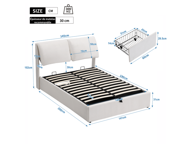  Lit coffre 140x190 cm en velours avec rangement hydraulique, 3 tiroirs, tête de lit rembourrée et sommier à lattes - beige  - Conforama C