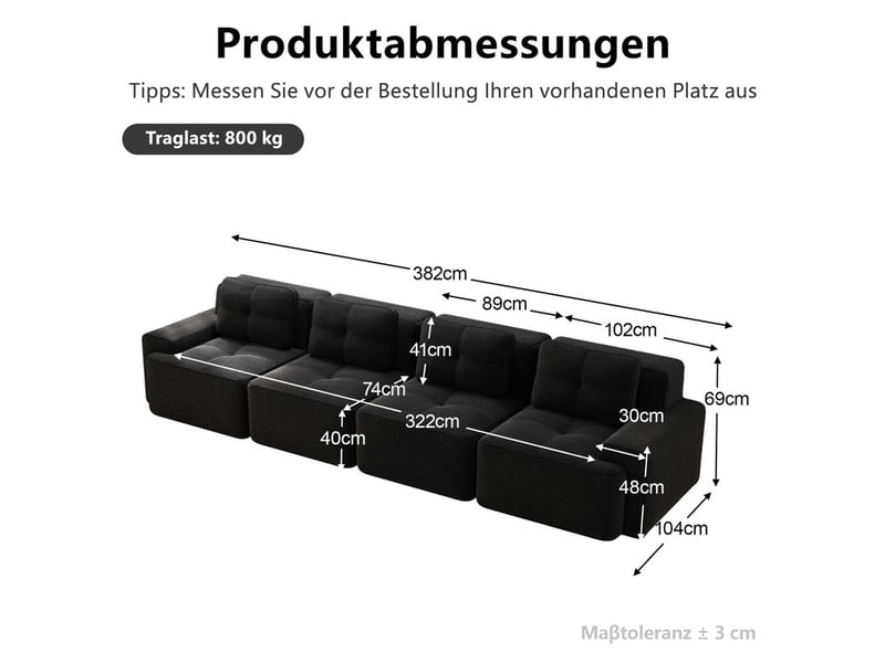  Canapé droit modulable 4 places, sans structure, assise profonde, sans montage, 382x104x69cm, noir, velours côtelé  - Conforama C