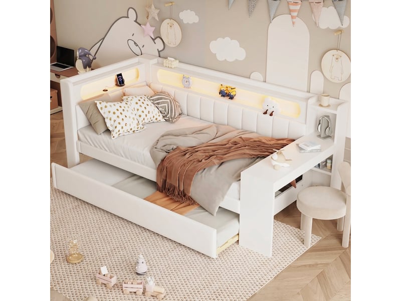  Lit banquette 90x200 avec bureau et lit gigogne, ports usb et led, lit capitonné blanc  - Conforama D
