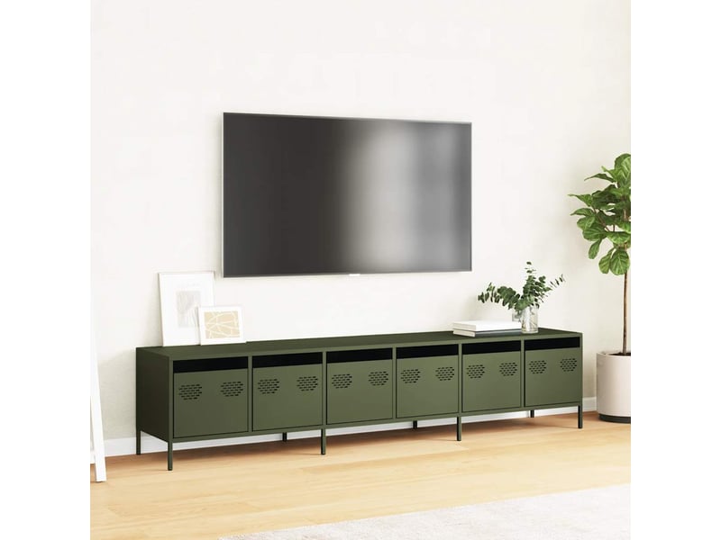  Meuble tv - banc tv - meuble de rangement vert olive 202x39x43,5 cm acier laminé à froid  - Conforama C