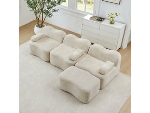 Canapé d'angle modulable 3 places en velours beige - mousse 32d assise profonde avec ottoman